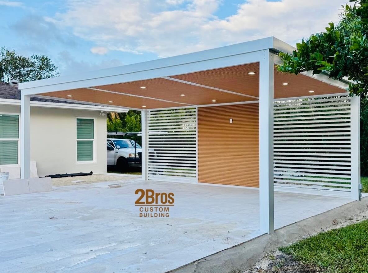 White pergola perspective view showing aluminum construction detail